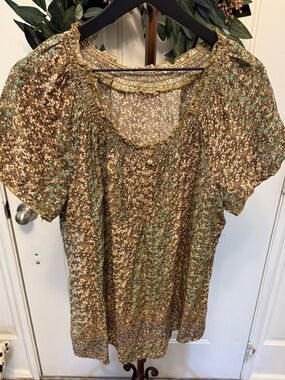 Bohemian Ditsy Floral Print Neutral Tone Peasant Style Popover Top SS XL 16-18